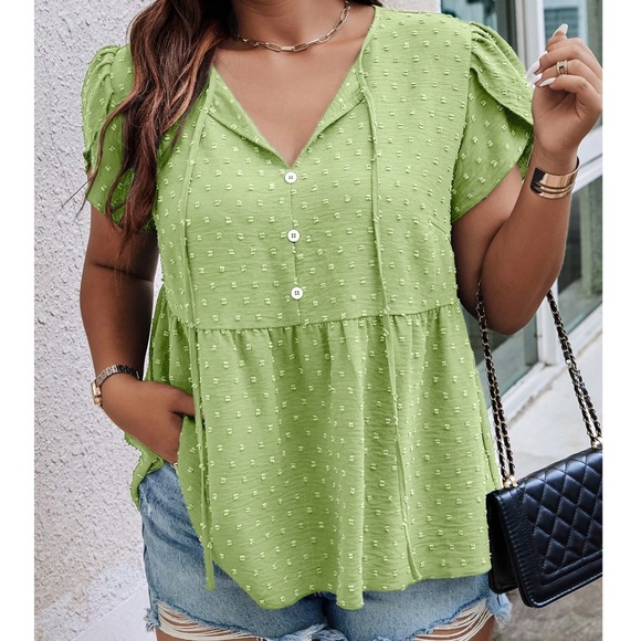 Plus Swiss Dot Button Neck Tie Puff Sleeve Blouse - Picture 3 of 6